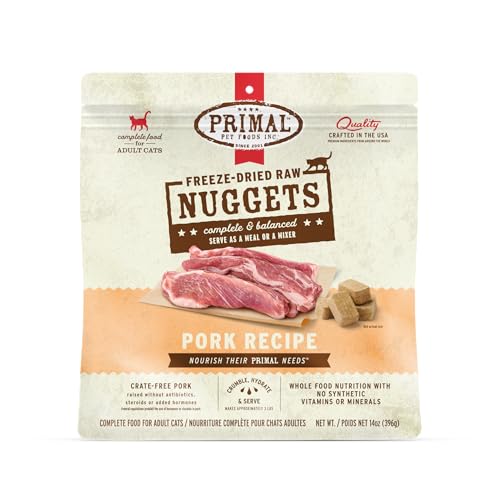 Primal Freeze Dried Raw Cat Food Nuggets Pork, Complete & Balanced Meal or Topper, Premium, Healthy, Grain Free, High Protein Raw Cat Food with Probiotics (14 oz)