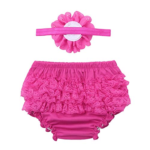 Oyolan Infant Baby Girls Bloomer Lacework Ruffles Panty Diaper Cover with Lace Flower Headband Set Rose Red 0-3 Months