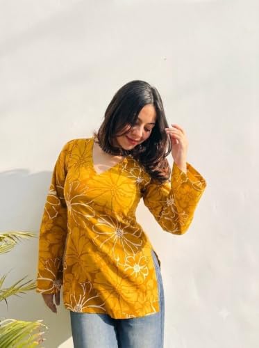 Image of Women Rayon Printed Short Kurti for Women | Floral V Neck Short Kurta Top | Full Sleeve Casual Kurti for Girls & Women