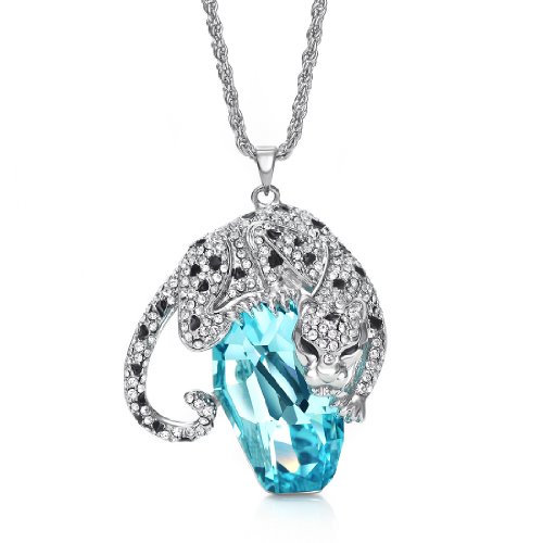 Neoglory Platinum Plated Blue Crystal Animal Leopard Long Necklace Pendants Christmas Gifts