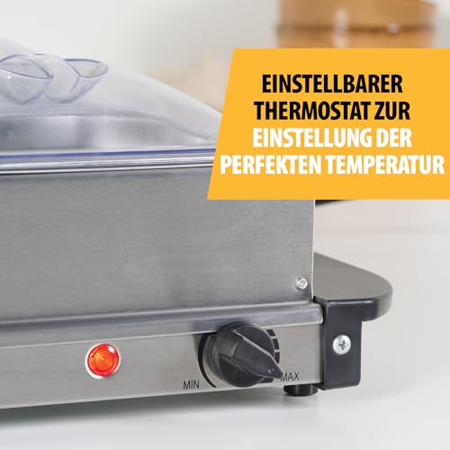 Foto von Tristar Edelstahl Buffetwärmer für Partys & Buffets, 300 W, Einstellbares Thermostat, 4 Warmhaltebehälter mit Deckel, Heizplattenfunktion, Warmhaltefunktion, Silber, BP-6285
