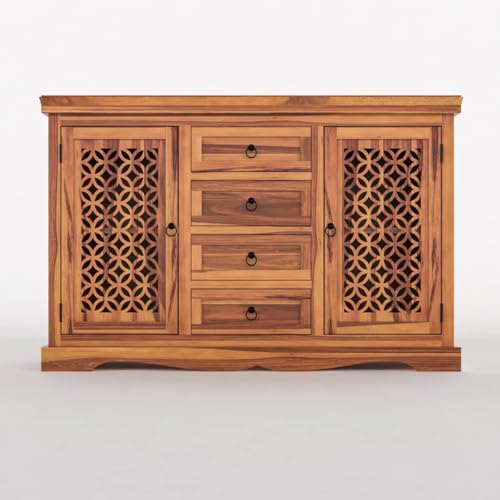 Image of Solid Sheesham Wood Sideboard and Cabinets | Wooden Side Board Media Console Tv Cabinet for Living Room | Standing Cabinet with 4 Drawers & 2 Door Cabinet Storage | Natural Finish
