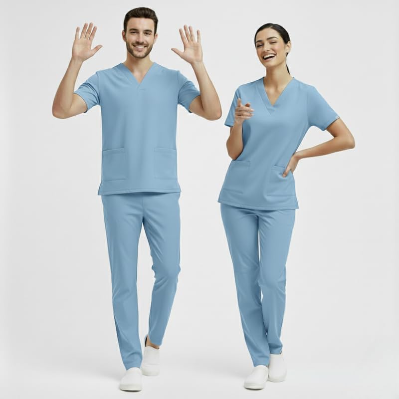 Image of TrendyUniform Unisex Regular Fit Polyester Cotton Scrub Suit for Componder| V-Neck Top and Drawstring Pant |Half Sleeves Hospital Uniform for Doctors, Nurses and Dentist, OT
