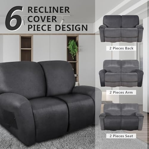 Image of molasofa Loveseat Recliner Slipcover 6-Pieces Stretch Leather Like Recliner Sofa Cover for 2 Seat Dual Reclining Loveseat Couch, Furniture Protector with Elastic Bottom (Charcoal Grey)