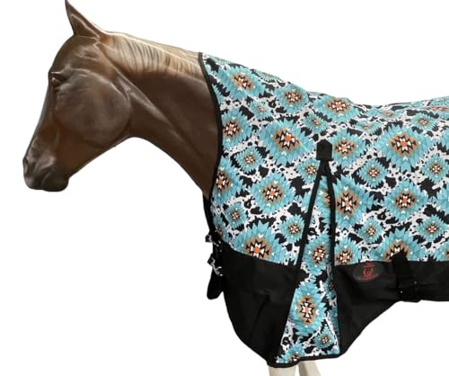 Image of 1200 Denier Horse Rain Sheet (Waterproof /Breathable & Wind Proof Turnout Sheet) Horse Breathable Rainsheet (Aztec-Cow-Aqua, 84)