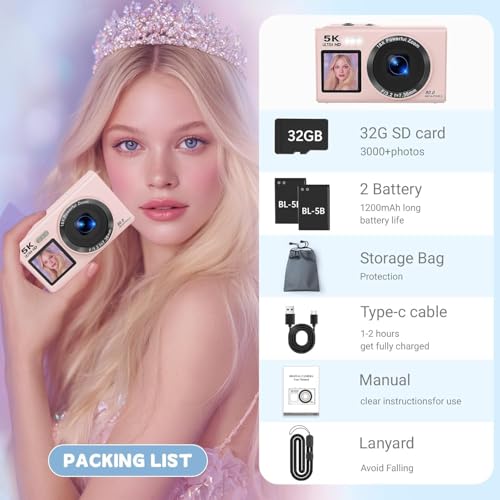 Image of Dual Screen 5K Digital Camera for Vlogging with Fill Light - 80MP, 16X Zoom, WiFi, YouTube /Blogging, Includes 32GB Card & 2 Batteries (CAM21)