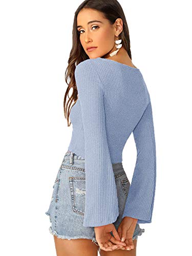 Image of SweatyRocks Women's Adjustable Drawstring String Long Bell Sleeve Rib Knit Sexy Crop Top