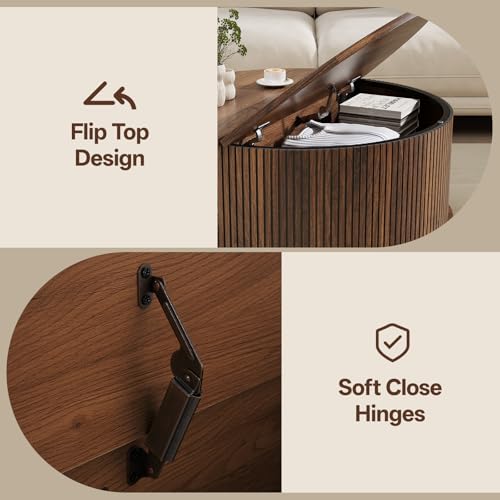 Image of Round Coffee Table with Storage, Mid Century Modern Coffee Table, Fluted Dining Table with Sliding Door, Circle Coffee Table for Living Room Home Office, 31.5 inch, Walnut