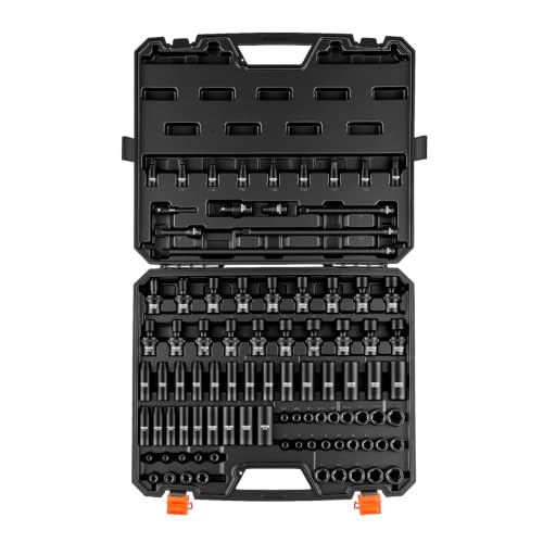 Image of VEVOR Impact Socket Set 3 /8 inch Drive 90-Piece, CR-MO, Shallow & Deep, 6 Point | SAE 1 /4 inch-3 /4 inch & Metric 6-19mm, with Swivel & E-Torx & Bit Sockets, Extension Bars, Adapters, Universal Joint