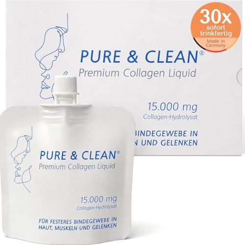 PURE & CLEAN Collagen Liquid 15.000 mg | Höchstdosiert für straffe Haut, Gelenke & Muskeln | Anti-Aging Premium Kollagen, hohe Bioverfügbarkeit, trinkfertig | Mit Vitamin C, 30 Beutel für 30 Tage