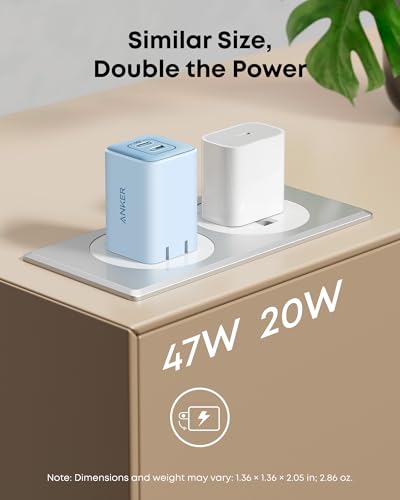 Image of Anker Nano 47W Fast Charger USB C, 2-Port Compact Foldable USB C GaN Charger for iPhone 17 /16, Galaxy, Pixel, Compatible with MagSafe (Blue)