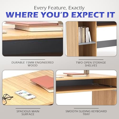 Image of 104x50x75CM Engineered Wood Study Table with Keyboard Tray & 2 Open Storage Shelves for Home, Office | Moisture Proof Computer, Laptop Table | 1 Year Warranty- Urban Teak&Grey