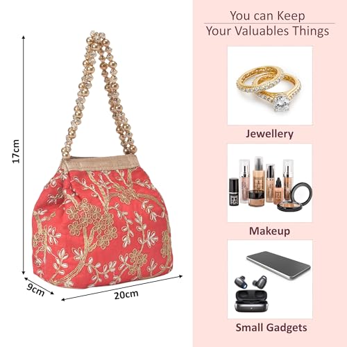 Image of Kuber Industries Pack of 2 Potli Bags for Ladies & Girls | Women Shagun Pouches for Festive Seasons | Bridal Purse | Moti Embroidery- Peach & Red