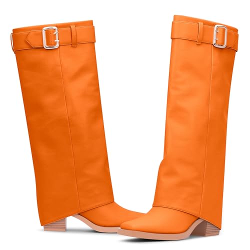 Women's Block Heel Fold Over Knee-High Boots Closed Toe Buckle Slip On Dress Boots3