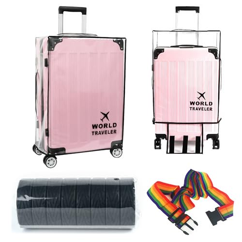 Luggage Cover Set with Travel Straps & 8 Pcs Anti-Noise Silicone Wheel Covers, Waterproof Clear PVC Suitcase Protector for 28 Inch