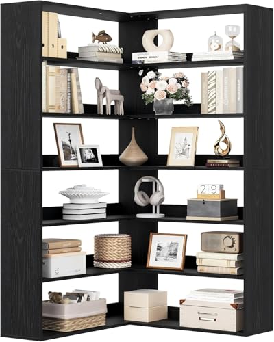 IRONCK 180cm Eckregal stehend Bücherregal 6 Ebenen L-förmiger Eckschrank Hochschrank Bücherschrank Eckvitrine offenes Regal Holz Aufbewahrungsregal für Wohnzimmer Küche 90x90x180cm (Schwarz)