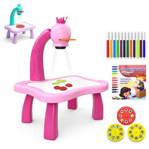 Image of VGRASSP Creative Drawing Projection Table Toy Set for Kids with 12 Color Markers - Educational Tracing Learning Projector Desk with 3 Slides and Art Book for Boys and Girls - Color As Per Stock