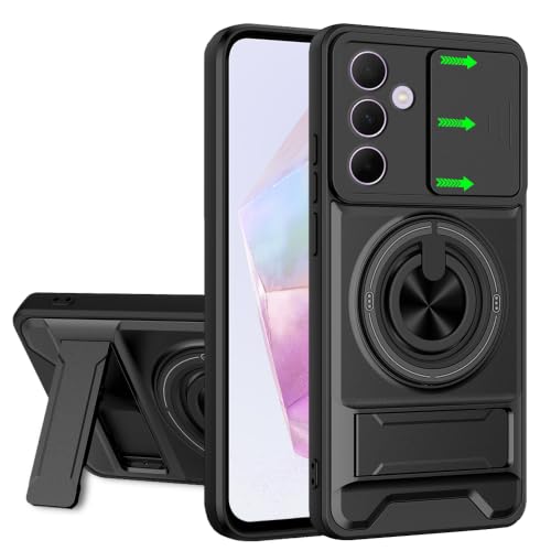 Image of AESTMO Samsung A35 5G Back Cover | Armor Camera Slider 360 Degree Rotating Finger Ring Holder Case with Bracket Stand Back Case Cover (Compatible with MagSafe Accessories) (Black)