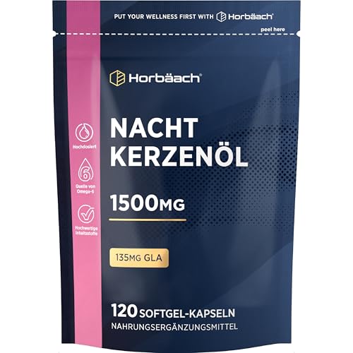 Nachtkerzenöl Kapseln Hochdosiert 1500mg | 120 Evening Primrose Oil Softgel Capsules | mit Omega 6 und GLA | von Horbaach