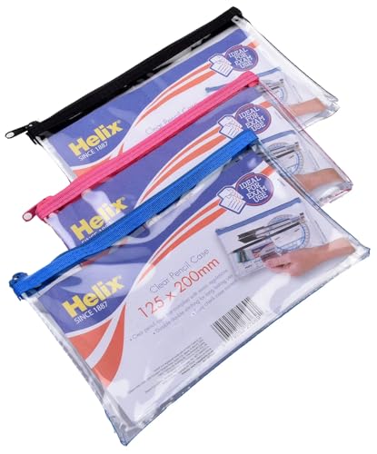 Helix Clear Exam Pencil Case - 20x12.5cm - Assorted Zip Colours - Pack of 3 - Waterproof Small Zipped Pencil Case Pouch