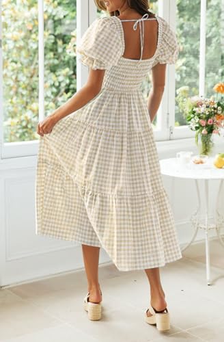 ZESICA Women's 2025 Bohemian Summer Plaid Square Neck Puff Sleeve Ruffle Flowy Beach Midi Dress4