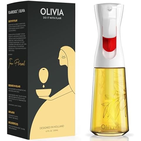 FLAIROSOL OLIVIA Oil Sprayer for Cooking, 200ml Glass Olive Oil Sprayer, Continuous Oil Spray Bottle with Portion Control, Olive Oil Dispenser for Kitchen, Air Fryer, Salad, BBQ (Golden Leaves) Cover