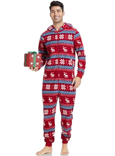 Couples Matching Christmas Pajamas Hoodie Fleece Onesie Plaid Union Suit