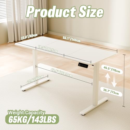 Image of ERGOMAKER 55 inch Electric Standing Desk, Adjustable Height, Sit Stand Up Desk for Home Office & Computer Workstations, Memory Controller, White