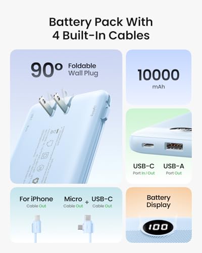 Image of Portable Charger Built-in Cables and Wall Plug, 10000mAh Slim USB C Power Bank, LED Display External Battery Pack Compatible with iPhone /Android & More (Blue)