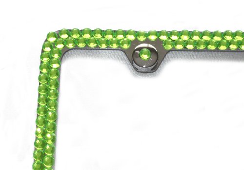 Hotblings 2 Row Full Lime Green Rhinestone Bling Sparkle Metal License Plate Frame & Caps Set #TOP3