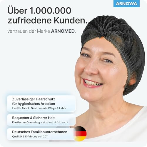 ARNOMED® Einweg Haarnetz, Einweghauben Kopf, Haube für OP, Gastronomie & Hygiene, Haarhaube Einweg, Einweg Kopfhaube, Netz für Haare, Klipphauben, Haarschutzhaube Stoff, M - 52 CM, Schwarz, 100x Stück