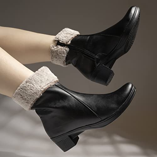 Image of Shoetopia Women's Ankle Boots with Faux Fur Lining | Stylish Winter Block Heel Zip Closure Boots for Casual & Party Footwear