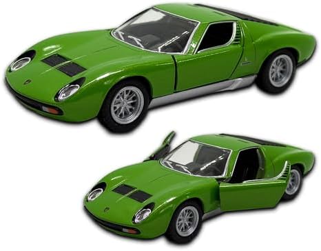 Carrinho De Ferro Miniatura Lamborghini Miura P400 SV 1971 12,5 Cm, 1/34, em metal, Miniatura de carro colecionável, abertura de portas laterais, rodinhas em borracha com fricção (Verde)