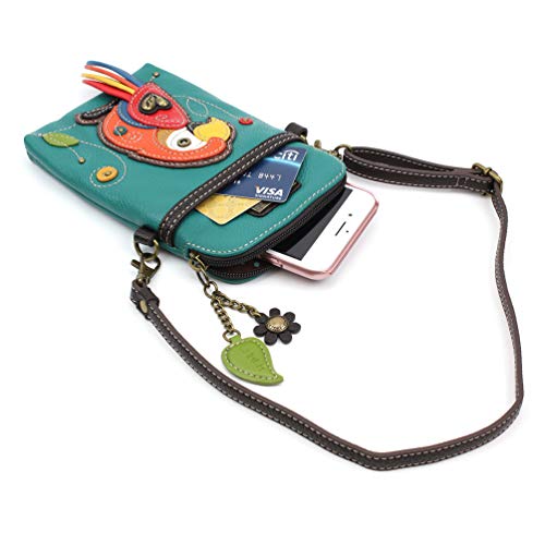 CHALA Bird Collection Cell Phone Crossbody Purse-Women PU Leather/Canvas Multicolor Handbag with Adjustable Strap - Red Parrot - turquoise