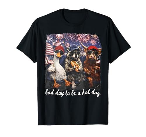 Bad Day to Be A Hot Dog Funny 4th of July Raccoon Duck Cow T-Shirt