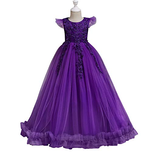 Big Little Girl Princess Embroidery Flower Lace Long A Line Pageant Dress Kids Floor Length Prom First Holy Communion Bowknot Dress Puffy Tulle Maxi Ball Gown For Wedding Party Birthday Purple 8-9 #TOP3
