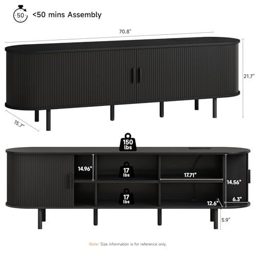 Image of ONBRILL 70.8 inch TV Stand with Power Outlet for TVs up to 75 Inch, Entertainment Center with Storage and Adjustable Shelves, Modern Media Console with Sliding Doors for Living Room, Black