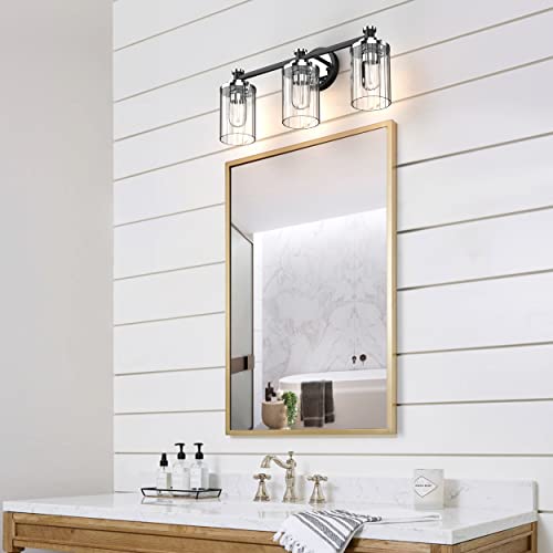 Image of Bathroom Lighting Fixtures Black and Chrome Bathroom Vanity Light with Cylindrical Clear Stripes Glass Lampshade E26 Socket Base Bathroom Lighting Fixtures Over Mirror (3 Lights)