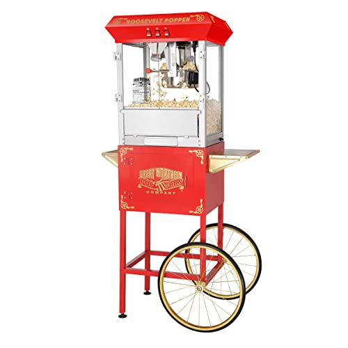 GREAT NORTHERN 8 oz. Popper Red Popcorn Machine with Cart with Stainless-steel Kettle, Heated Warming Deck, and Old Maids Drawer