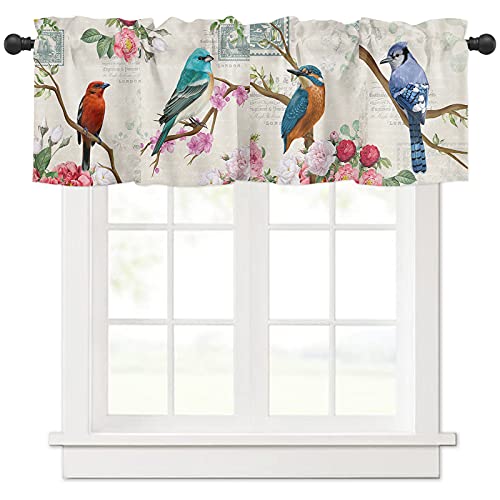 Window Treatment Valances Spring Retro Flowers London Postcard Colorful Birds Design Rod Pocket Curtain Valance for Kitchen, Bathroom, Living Room, Bedroom 54" W x 18" L