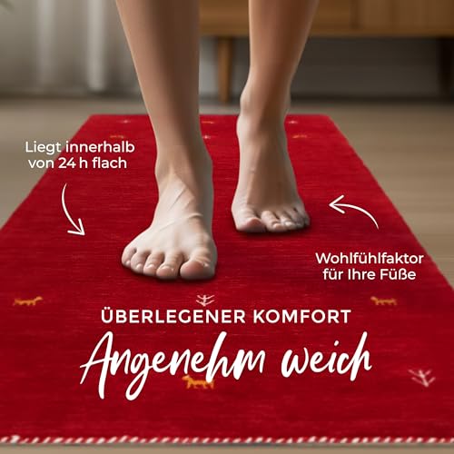 carpetfine Wollteppich Gabbeh Uni Läufer Rot 80x300 cm | Moderner Teppich für Wohn- und Schlafzimmer
