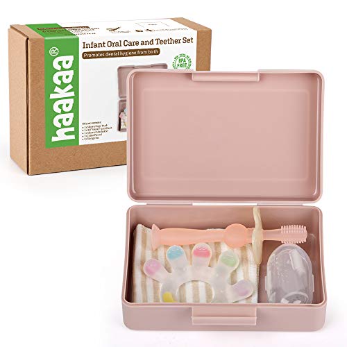 haakaa Baby Toothbrush & Teether Set (Blush) - Baby Oral Cleaning with Finger Toothbrush & 360Â° Silicone Toothbrush, Silicone Teether for Soothing Sore Gum, Set with Cleaning Wipe