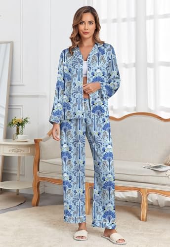 Image of Brosloth Women's Silk Satin Pajamas Pjs Sets Cute Lace Pattern Two Piece Loungewear Set Button Up Pajamas Sleepwear Black