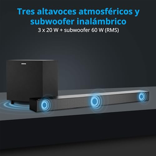 MEDION S61022 Barra de Sonido Dolby Atmos 3.1 con subwoofer inalámbrico (para televisores, Bluetooth 5.3, HDMI eARC CEC, Entrada óptica, AUX, subwoofer inalámbrico 3 x 20 W + 60 W (RMS) - imagen 5