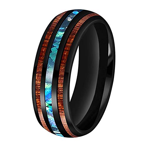 BestTungsten 8mm Black Tungsten Rings for Men Women Wedding Bands Natural Koa Wood Abalone Shell Inlay Domed Polished Shiny Comfort Fit
