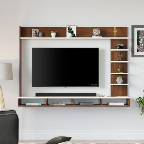 Image of BLUEWUD Primax Grande Large Engineering Wood Wall Mount TV Entertainment Unit Set Top Box Stand /TV Cabinet Panel with Shelves for Books & Decor Display Unit, Ideal for 50 inch (Brown Maple & White)