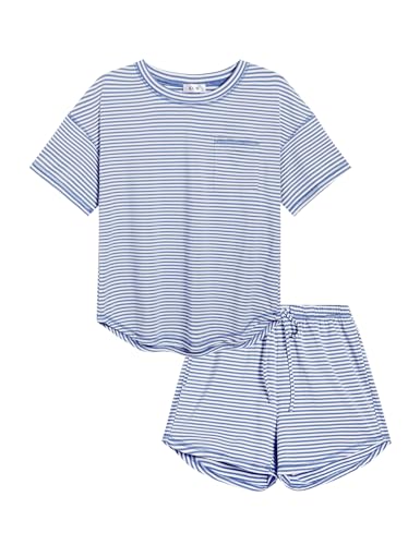 Image of KCW Pajamas for Women Set 2 Piece 100% Cotton Lounge Sets Short Sleeve Top and Shorts Pj Set Sleepwear Outfits