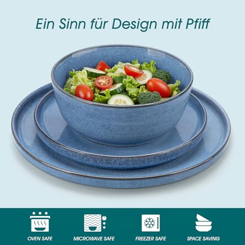 Steingut Geschirrset 6 Personen, vancasso ANYA Blau Teller Set Modern 18 teilig,Tafelservice mit Speiseteller, Desserttellern und Schüsseln, Geschirr Set Spülmaschinen und Mikrowellenfest