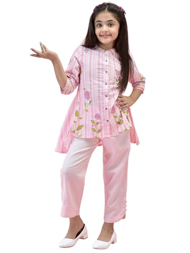 Image of Juniper Girls' Mint Floral Co-ord Set - High-Low Printed Shirt & Solid Cotton Pants