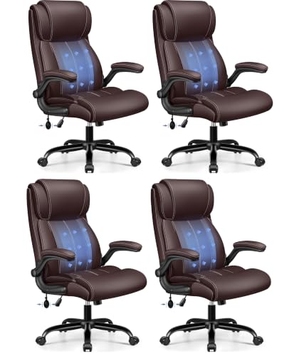 Image of BESTFAIR Ergonomic High Back Office Chair, Adjustable Lumbar, Coffee 4 Pack | Inflatable Lumbar Support For Custom Comfort, Flip-Up Arms, 21 inch Wide Seat, Scratch-Resistant Pu Leather, Rocking & Heavy-Duty